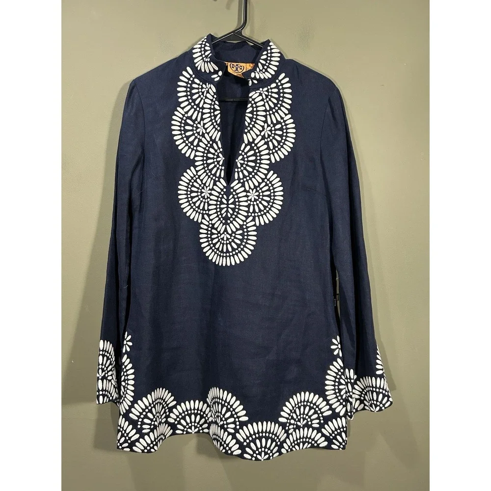 Tory Burch Women's Navy White Linen Tunic Top Sz 8 Boho Chic Preppy Coastal